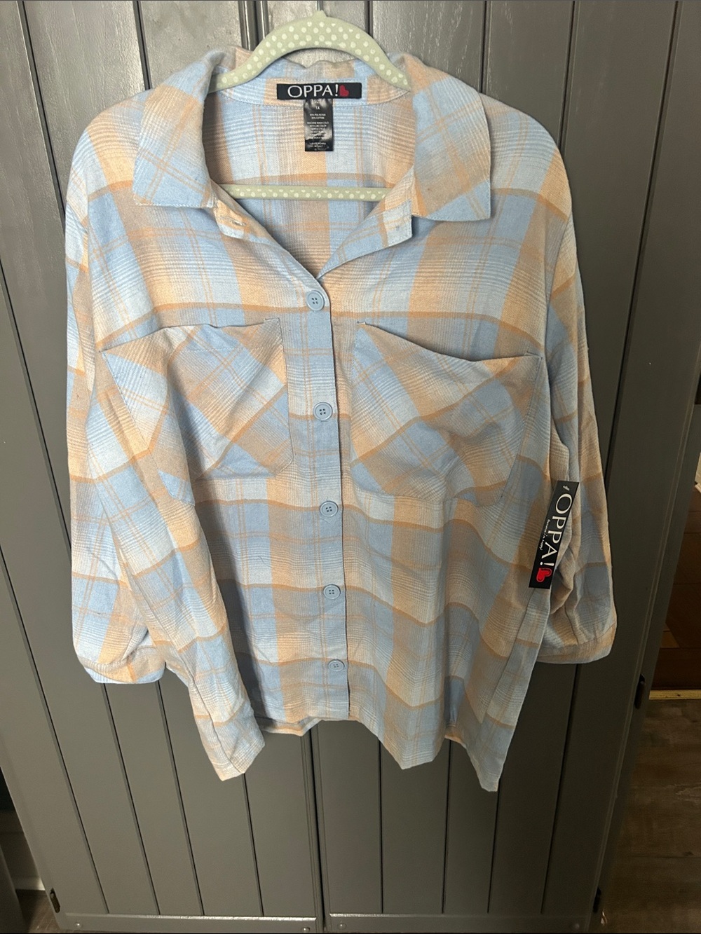 Light Blue and Beige Plaid Button-Down Shirt